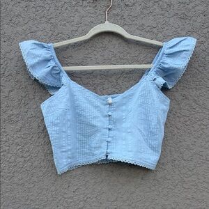 aerie Light Blue Flutter-Sleeve Cropped Button Top
